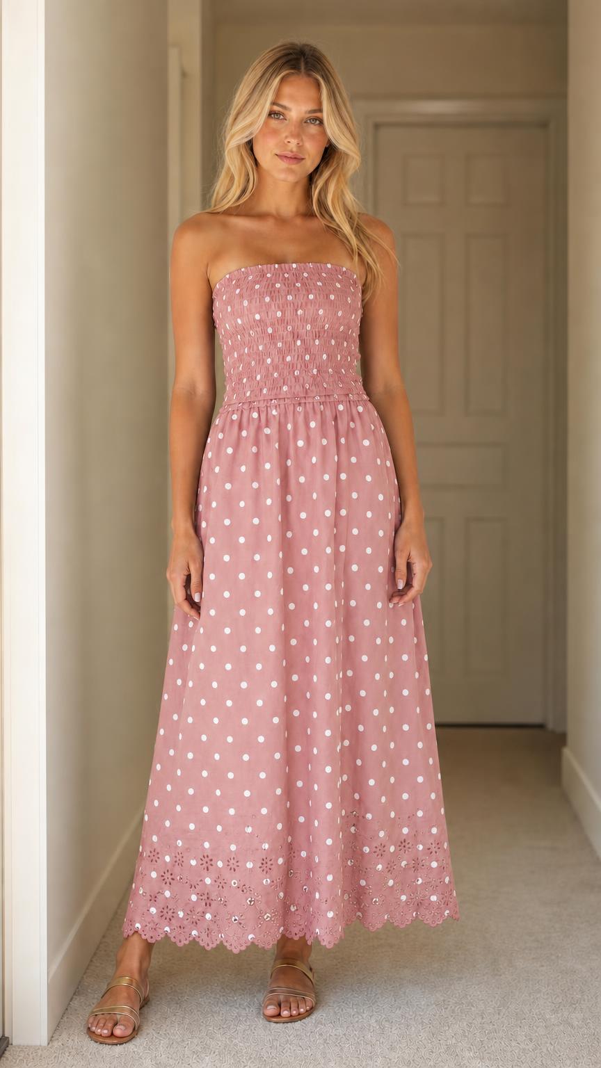 Front view of woman wearing pink polka dot strapless maxi dress