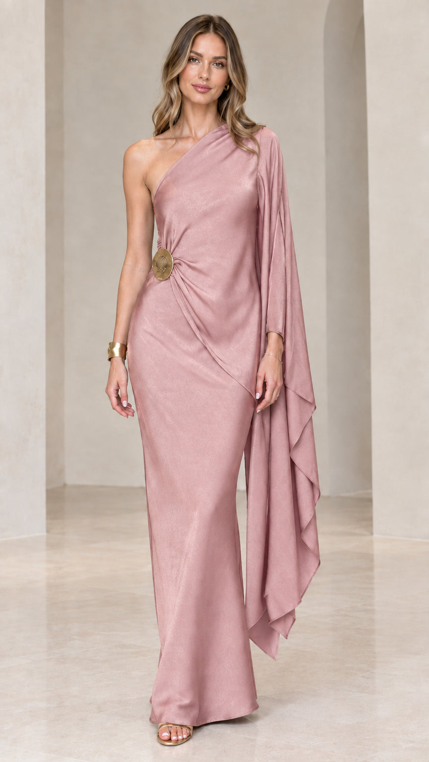Dusty pink one-shoulder satin floor-length gown with ruched side drape