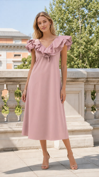 Full length view of pink ruffled midi dress