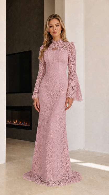Dusty pink long sleeve lace maxi dress for formal occasions