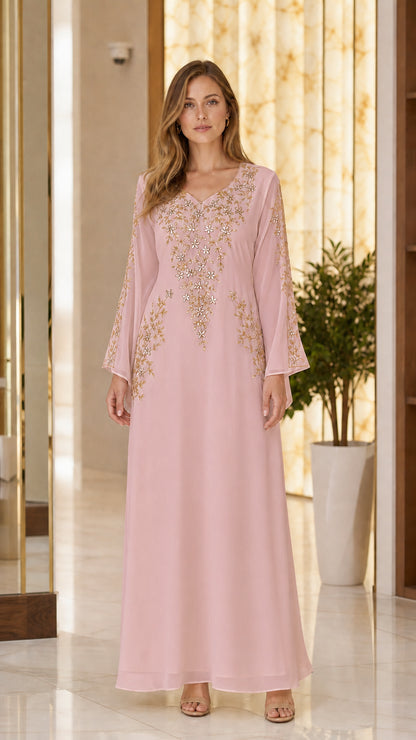 Dusty Pink long sleeve kaftan maxi dress with metallic gold embroidery