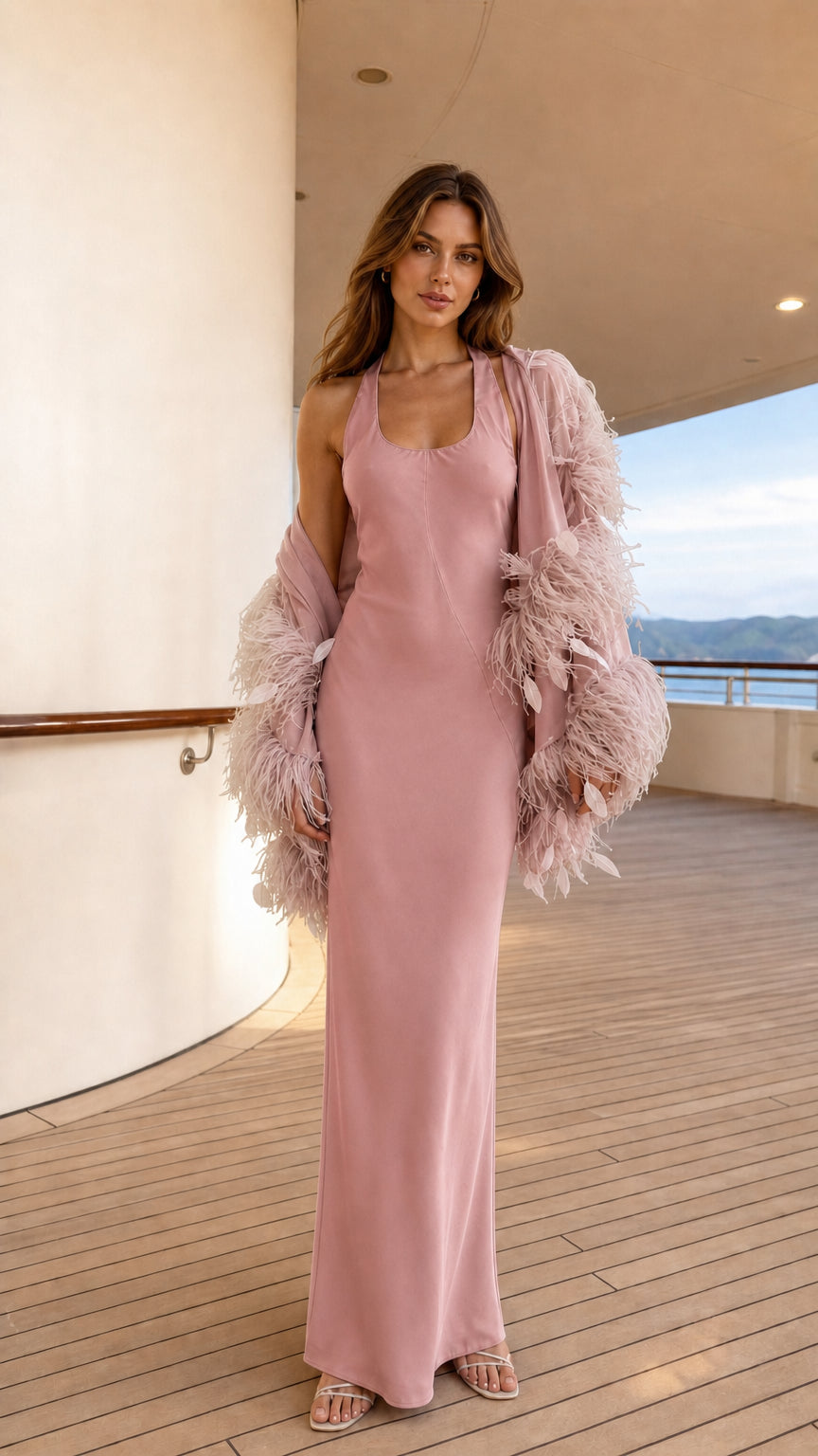 Model wearing dusty pink satin maxi dress and matching feather shrug
