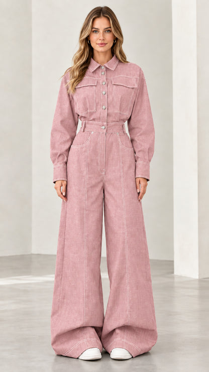 Front view of model wearing dusty pink long-sleeve wide leg denim jumpsuit