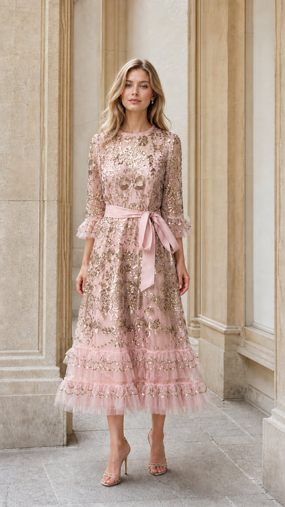 Front view of pink sequin embroidered tulle midi dress