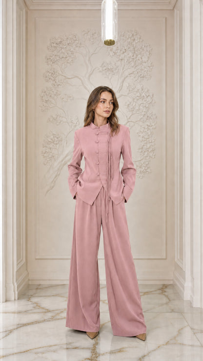 Full-length view of woman wearing Dusty Pink mandarin collar pant suit set