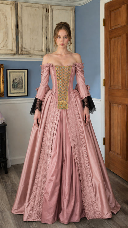 Renaissance off-shoulder pink ball gown front view