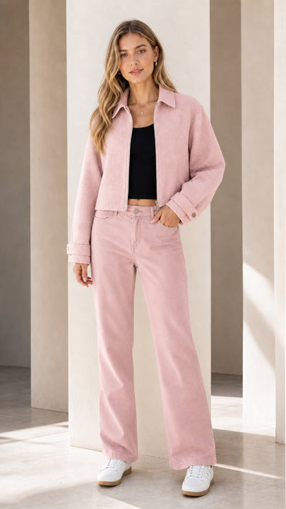 Model wearing pink co-ord set