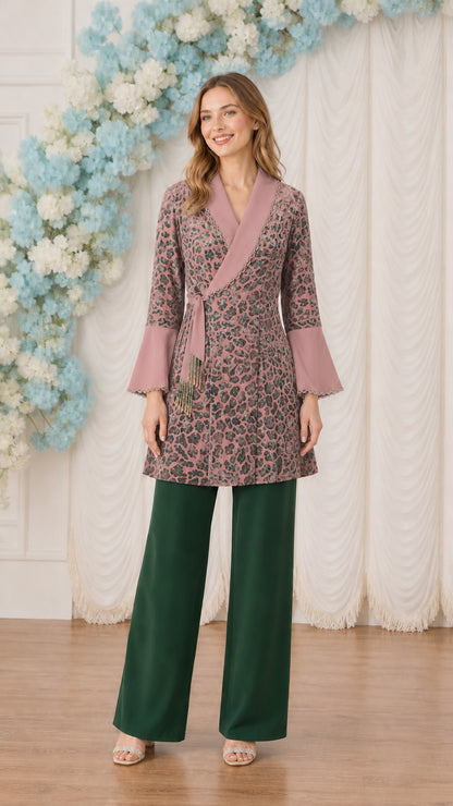 Dusty Rose wrap tunic top paired with contrasting Dark Green wide-leg trousers