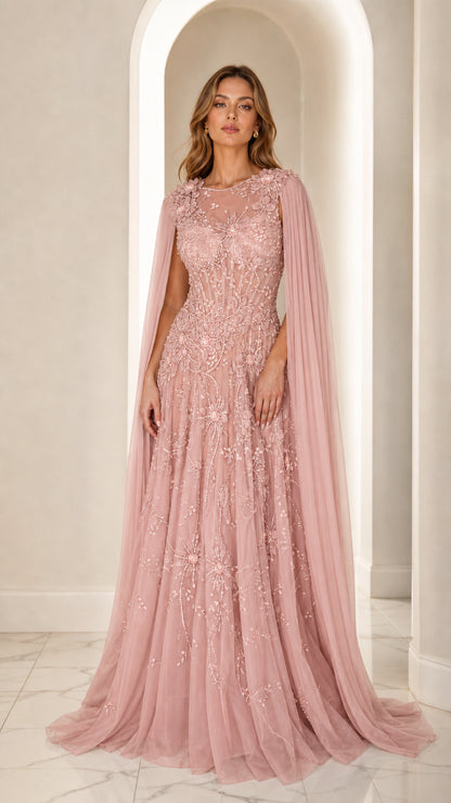 Blush pink beaded illusion cape sleeve maxi gown