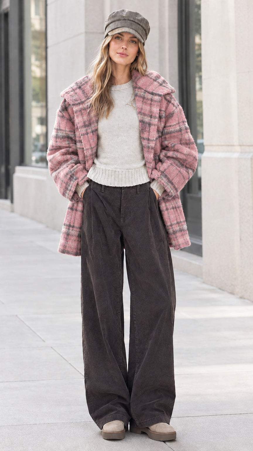 Front view of model wearing dusty pink plaid lapel coat
