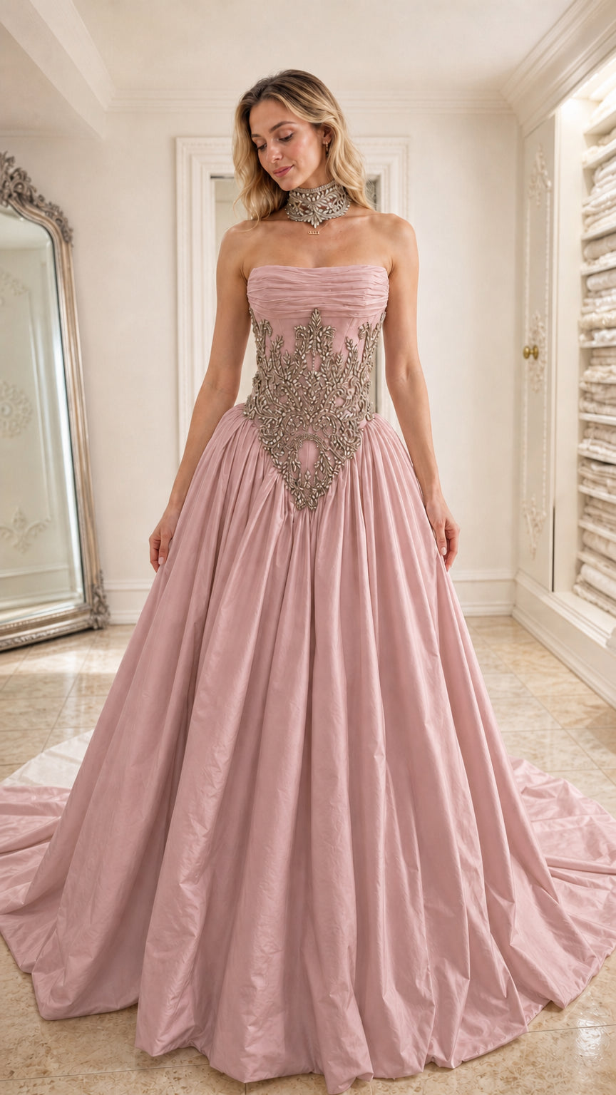 Front view of blush pink strapless corset ball gown