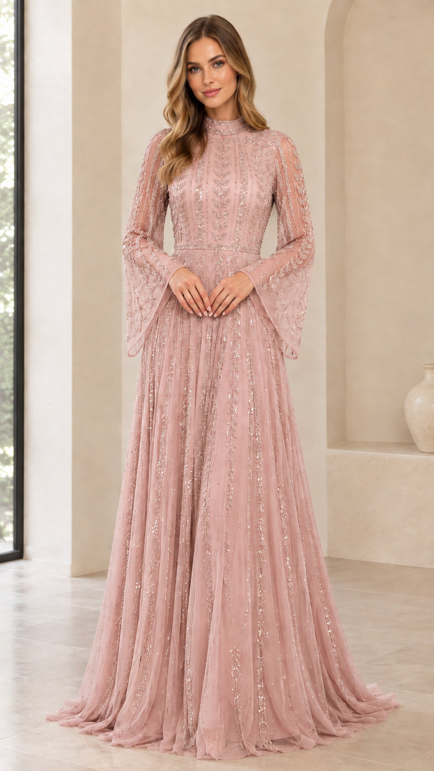 Front view of dusty pink sequin embellished A-line evening dress
