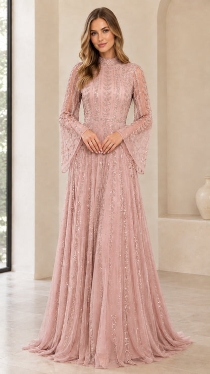 Front view of dusty pink sequin embellished A-line evening dress