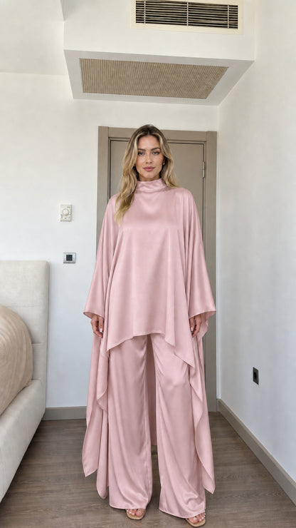 Front view of woman wearing Blush Pink satin high neck cape tunic and wide-leg pants set