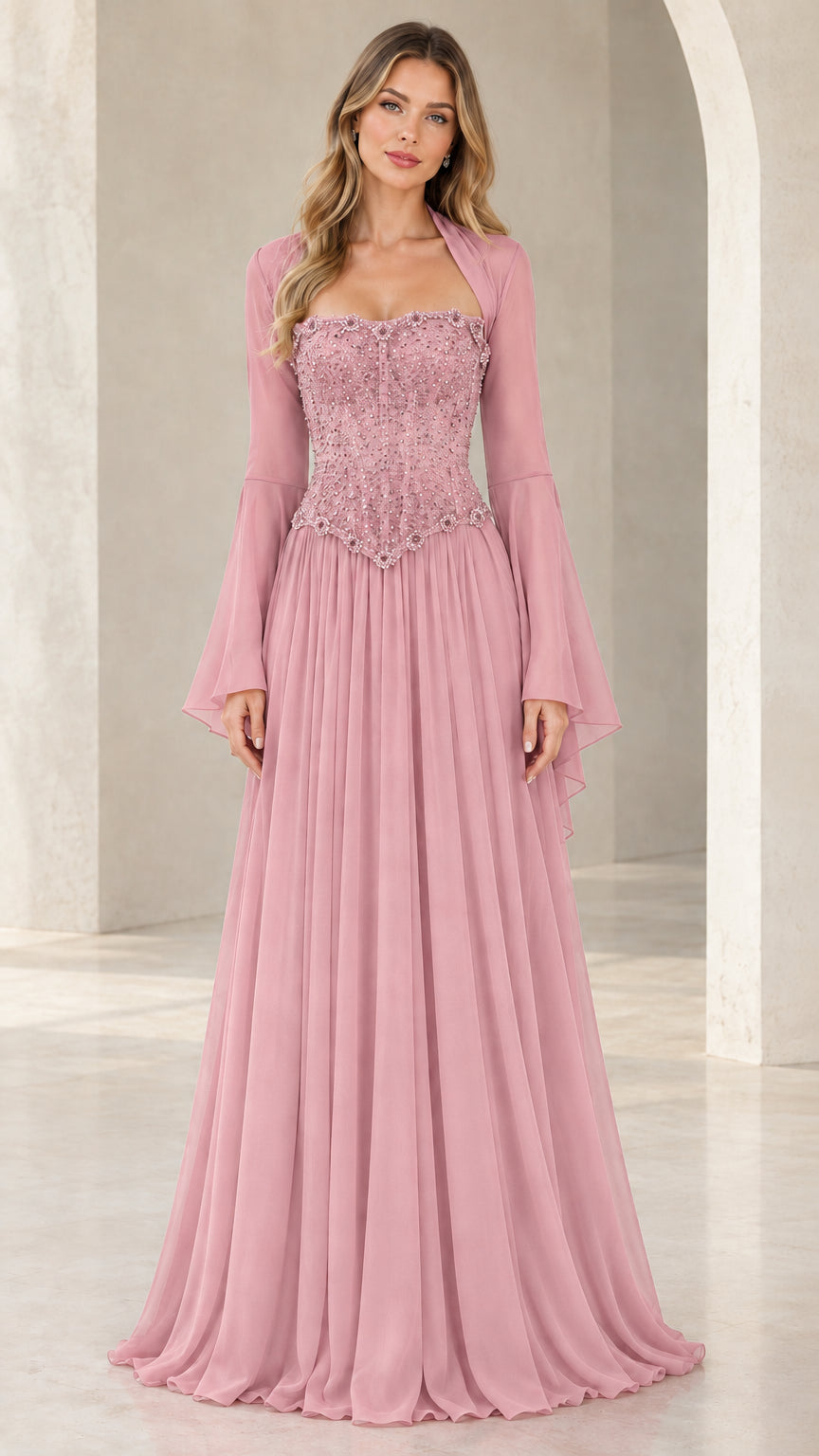 Dusty pink beaded bodice bell sleeve formal gown
