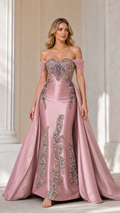 Pink variant of beaded mermaid evening gown