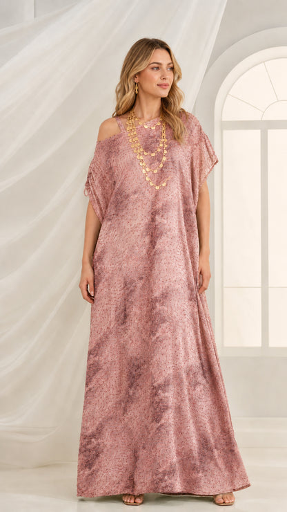 Dusty pink printed cold-shoulder kaftan maxi dress with shimmer details