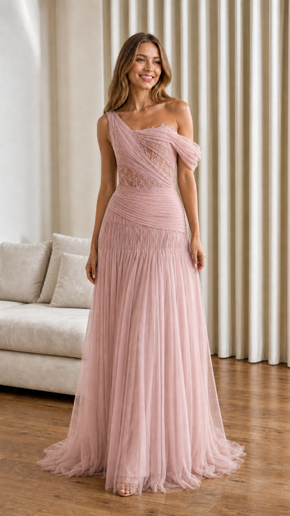 Front view of dusty pink one-shoulder pleated tulle evening gown