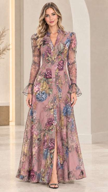 Dusty rose floral print sheer long sleeve maxi dress