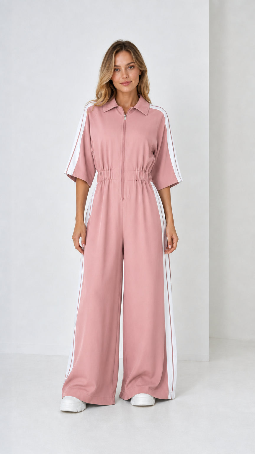 Dusty pink short sleeve wide leg zip front jumpsuit with side stripes