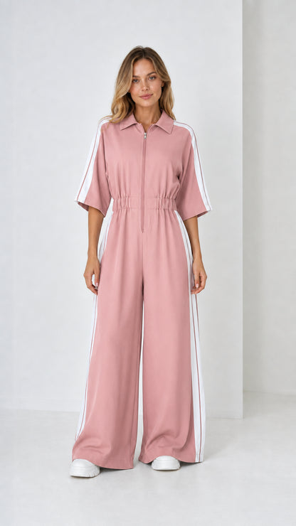 Dusty pink short sleeve wide leg zip front jumpsuit with side stripes