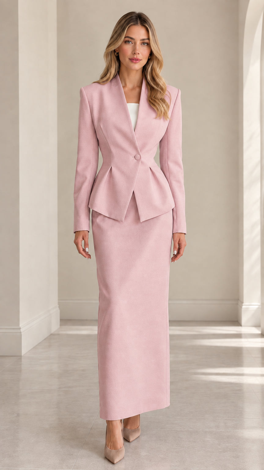 Model wearing blush pink peplum blazer and matching long skirt set