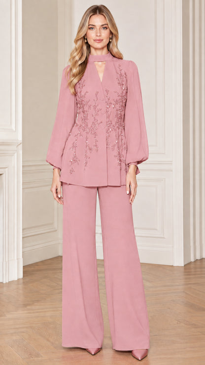 Dusty Pink embroidered formal two-piece pant suit front view