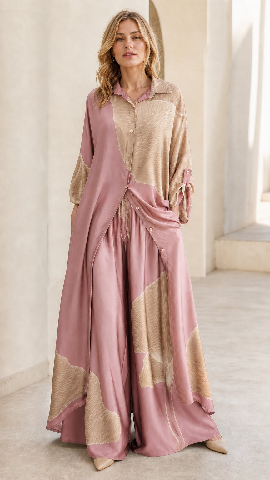 Front view of pink and beige color block two-piece set
