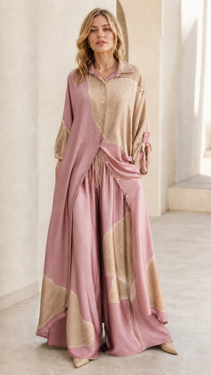 Front view of pink and beige color block two-piece set