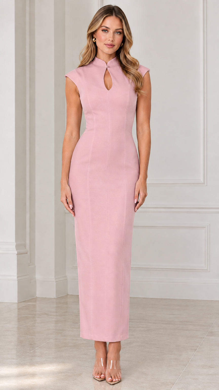 Front view of model wearing dusty pink sleeveless column maxi dress
