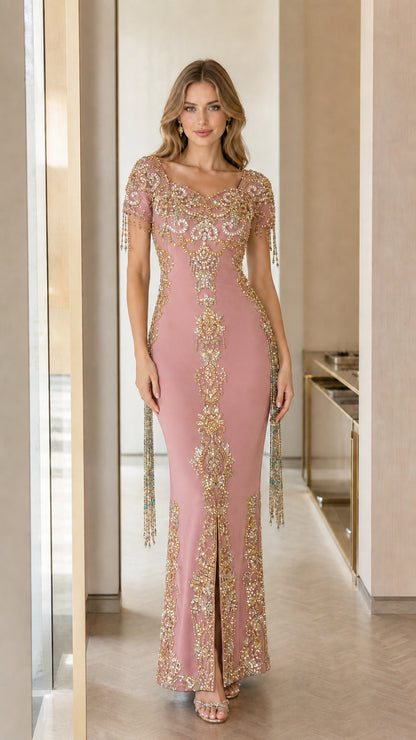 Front view of dusty rose pink embellished maxi dress with crystal embroidery
