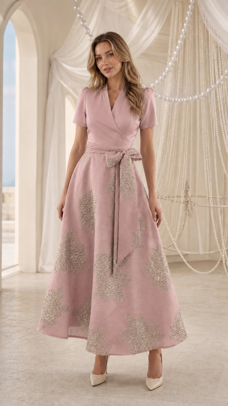 Model wearing Pink floral jacquard wrap midi dress