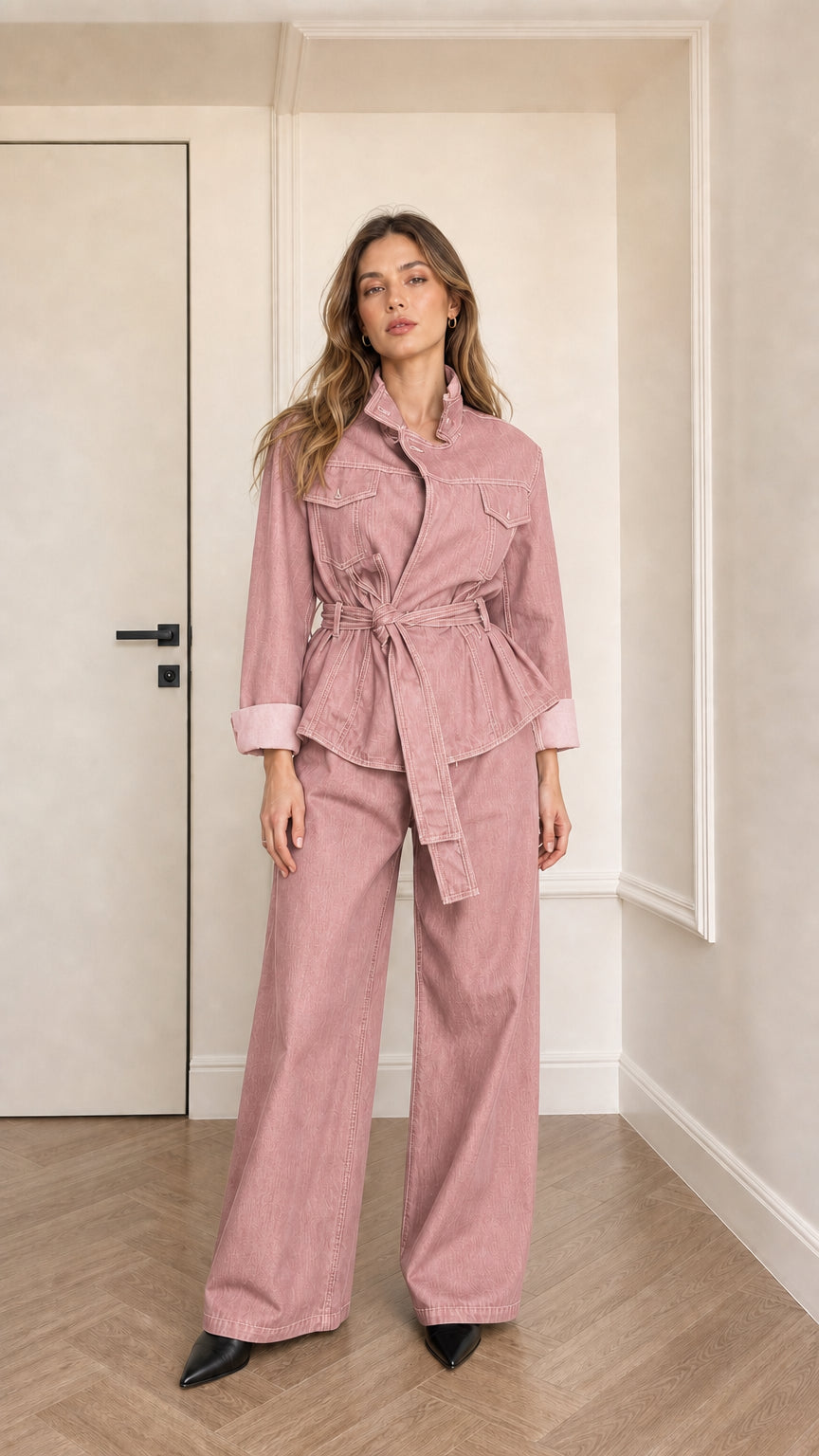 Model wearing pink denim utility jacket and matching pants