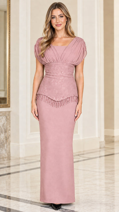 Dusty pink draped bodice formal maxi dress for mother of the bride