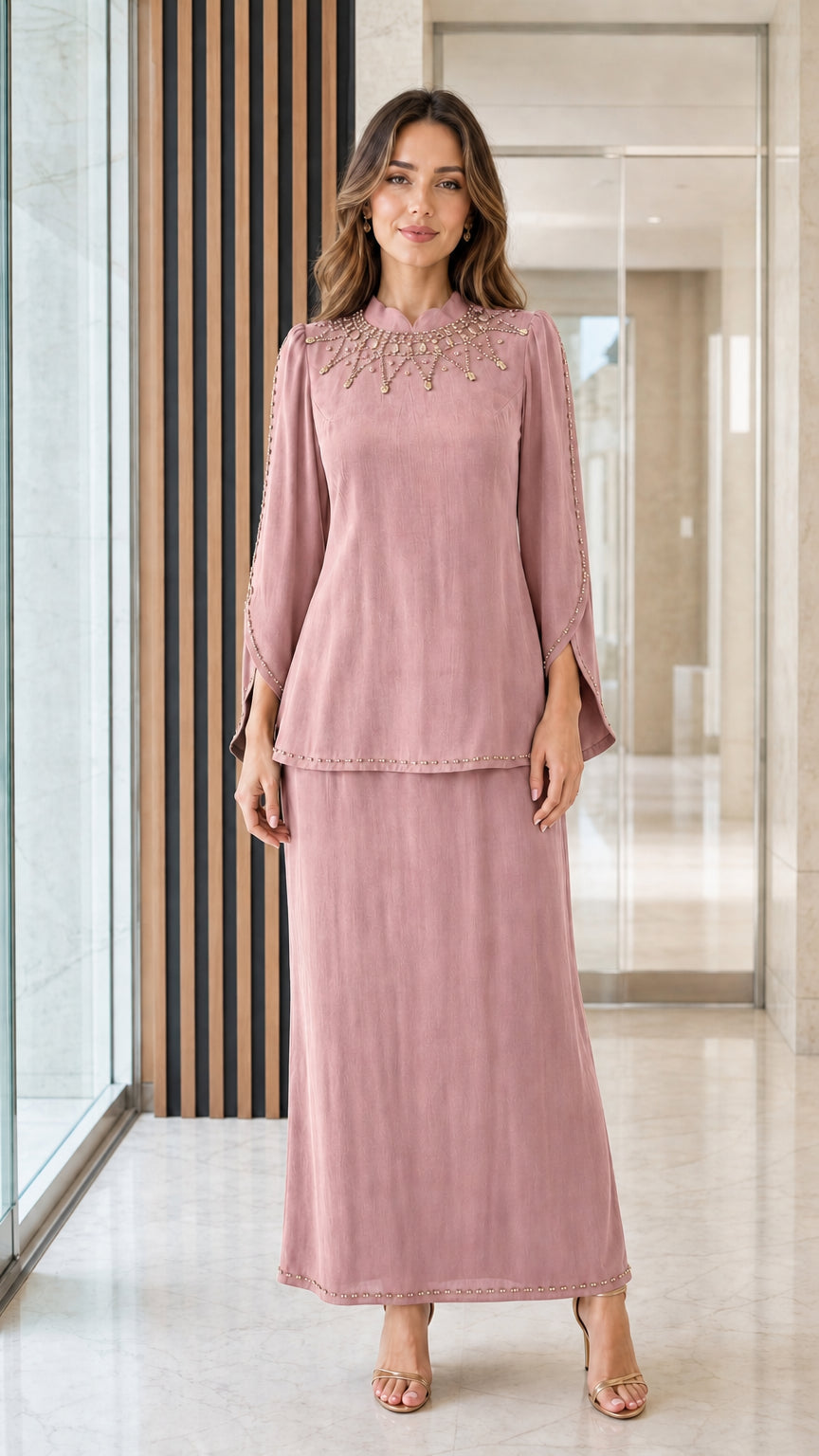 Dusty rose pink 2-piece modest embellished skirt set