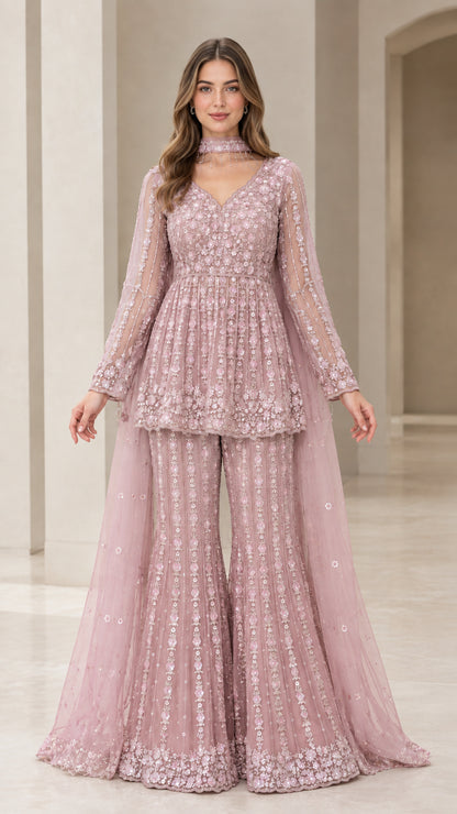 Dusty Pink embellished peplum top and flared trousers set