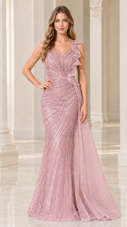 Dusty Pink sequin and beaded mermaid gala gown with cascading side tulle drape