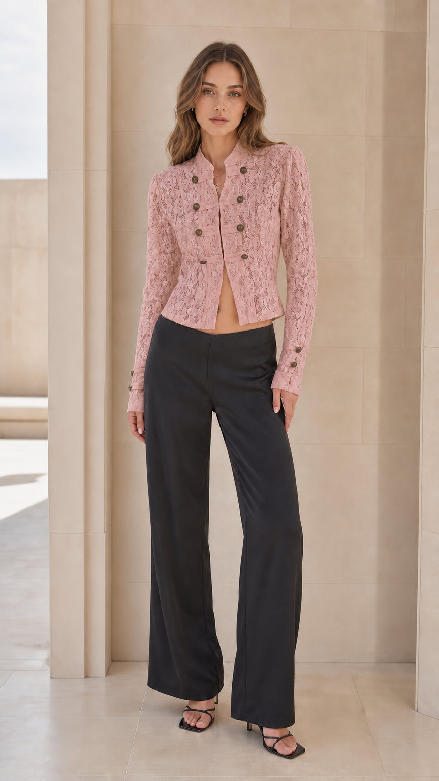 Front full view of woman wearing pink lace jacket