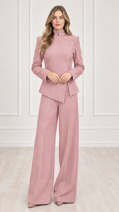 Full length view of women's dusty pink asymmetric blazer and wide-leg pants set