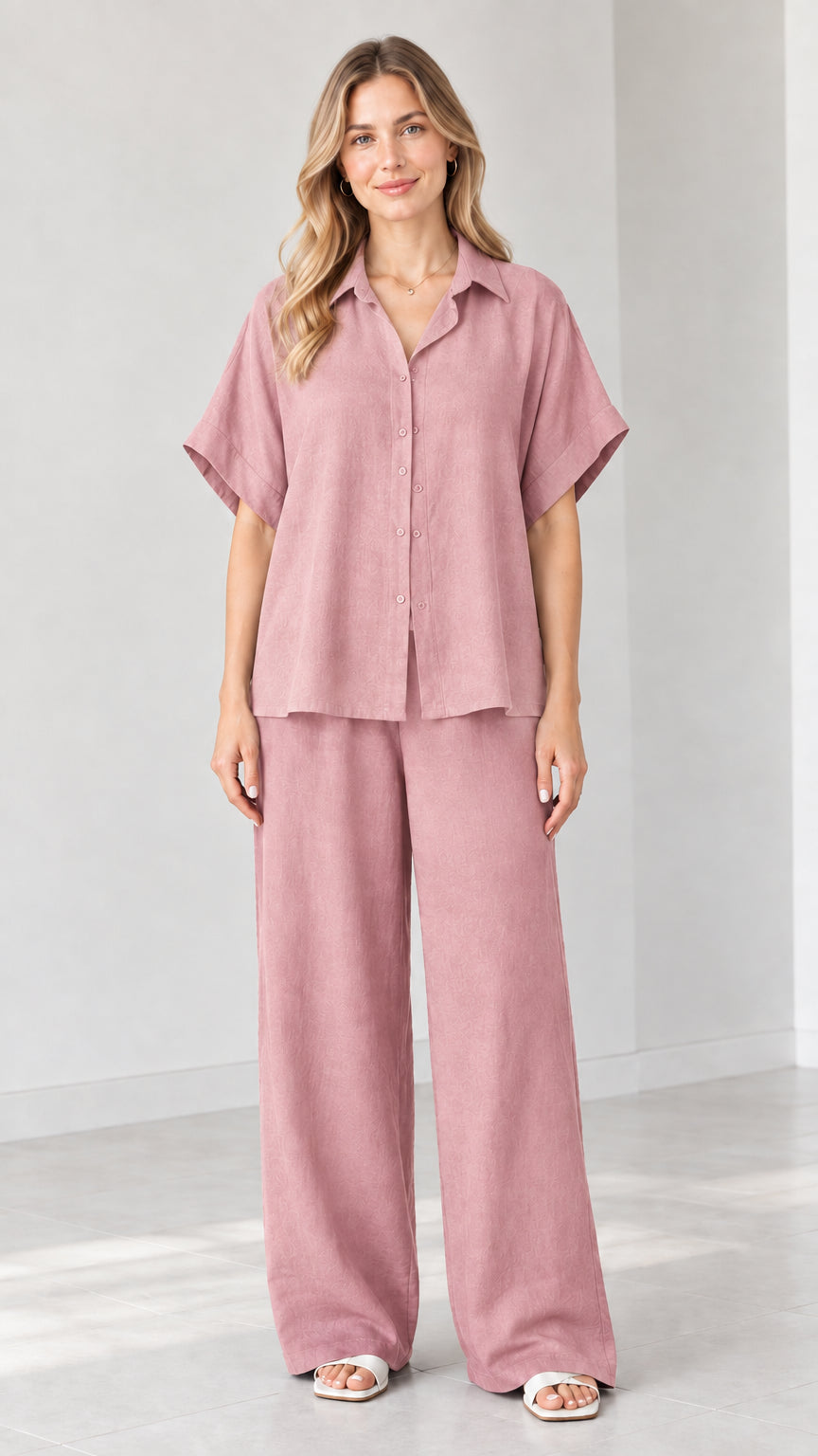 Model wearing Dusty Pink short-sleeve shirt and matching flowy pants set
