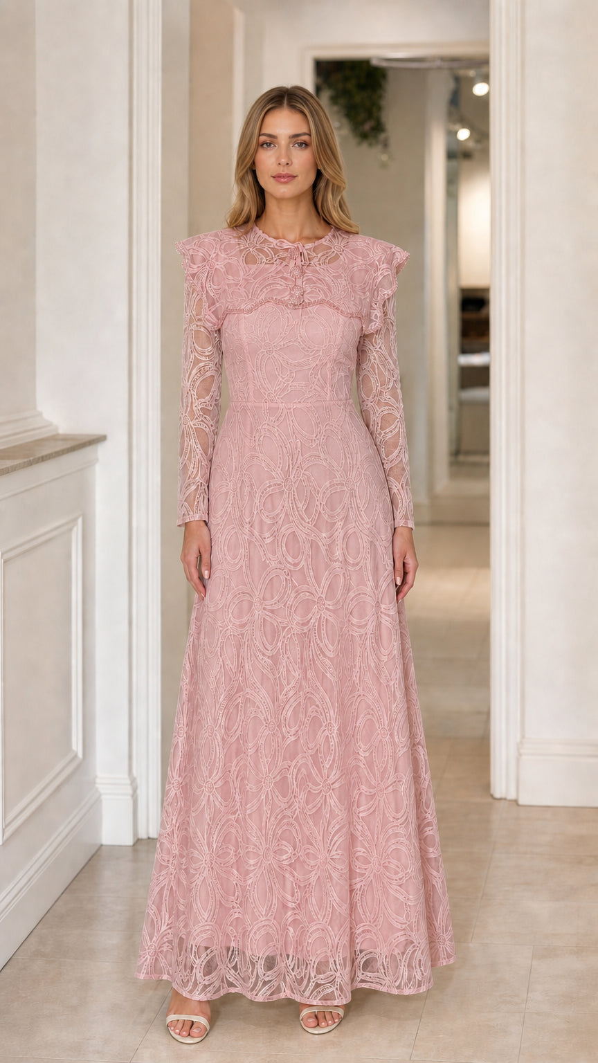 Front view of the Dusty Rose Lace Capelet Maxi Dress