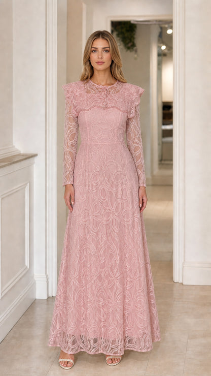 Front view of the Dusty Rose Lace Capelet Maxi Dress