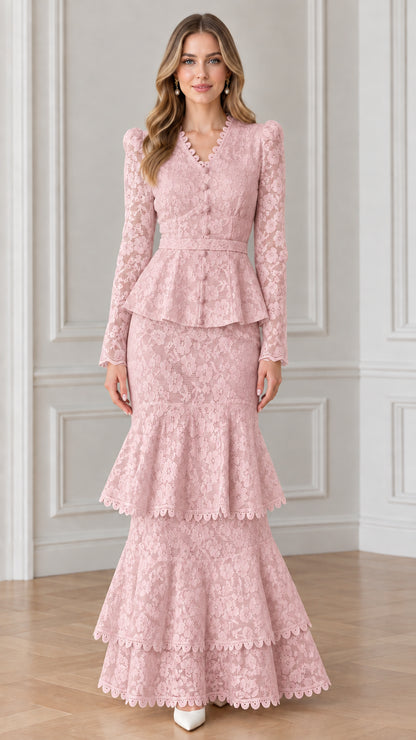 Front view of woman wearing blush pink floral lace belted peplum mermaid gown