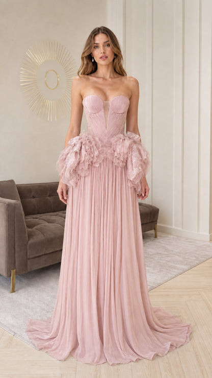 Dusty pink strapless evening gown with pleated skirt