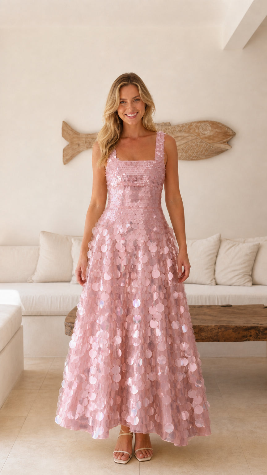Front view of model wearing a blush pink sequin square neck maxi gown