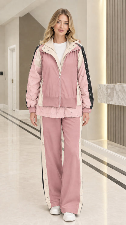 Full front view of woman wearing Pink colorblock 2-piece hooded tracksuit set