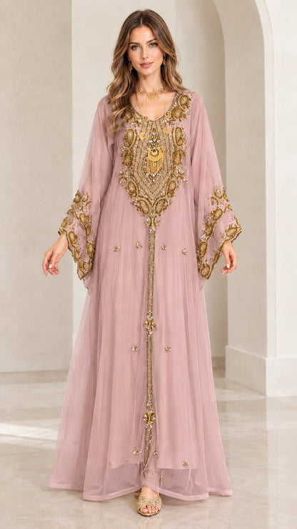 Front view of dusty rose pink gold embroidered formal kaftan maxi dress