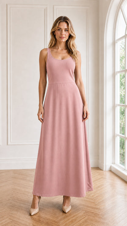 Front view of model wearing dusty pink sleeveless scoop neck maxi dress