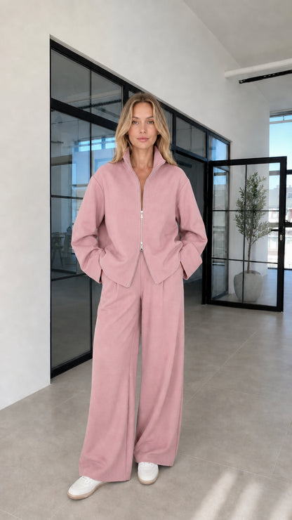 Woman wearing pink lounge set