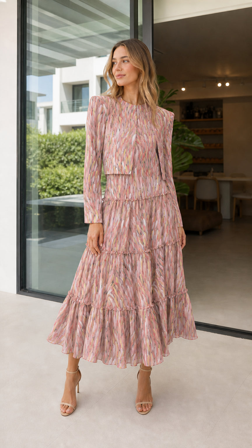 Model wearing pink abstract print tiered midi dress
